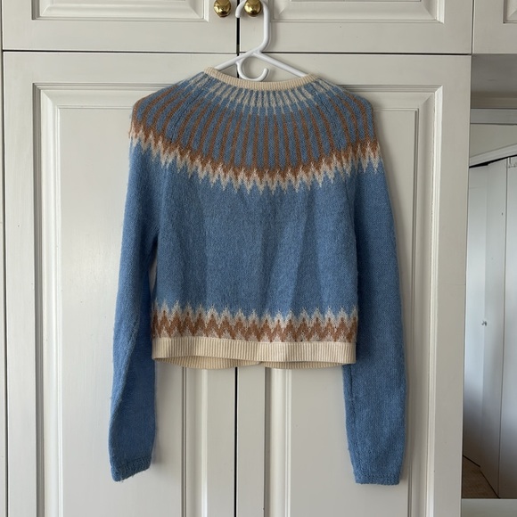 J. Crew Fair Isle Cropped Cardigan Sweater in Brushed Yarn Blue/Tan Small NWT - Picture 6 of 15